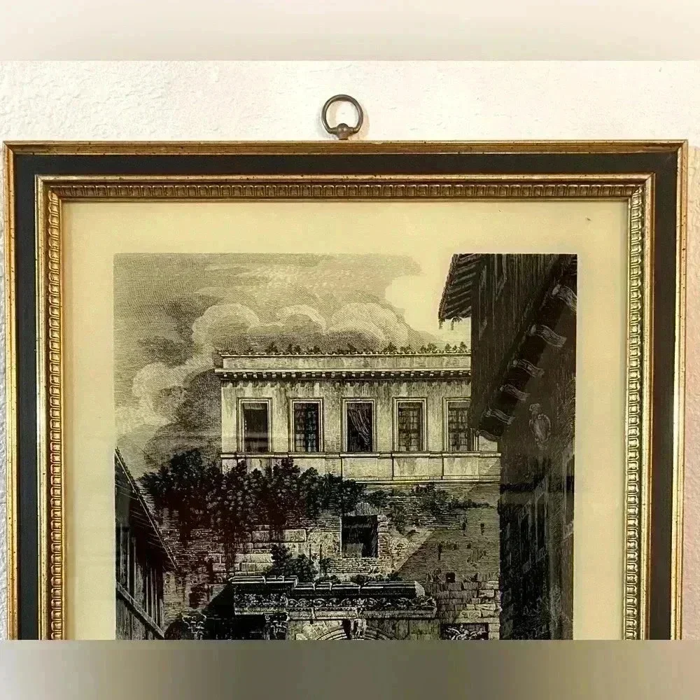 Vintage MCM Turner Hand Colored Italian Scene Glass in Frame 2 Set